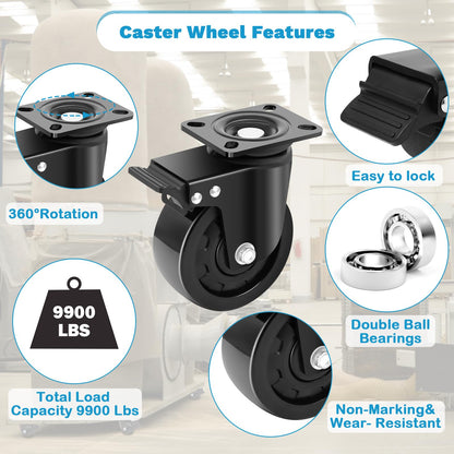 Nefish 5 Inch Heavy Duty Casters Set of 4, Industrial Grade Casters 9900 lbs, Low Gravity Plate Swivel Caster with Brake, Durable & Corrosion-Resistant Nylon Wheels for Industrial, Equipment, Machine