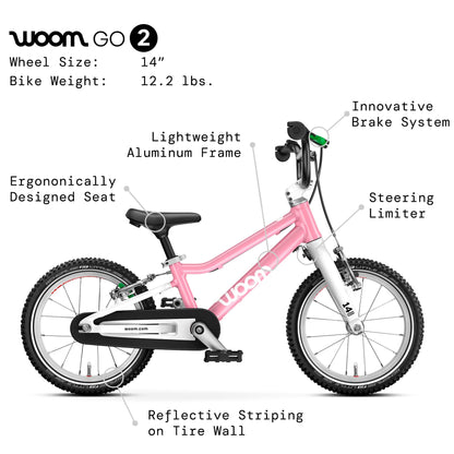 woom GO 2 Bicycle for Children 3 to 4.5 Years Old, 14-Inch Lightweight Bike with Handbrake, Steering Limiter & Chainguard for Boys & Girls - Powder Pink