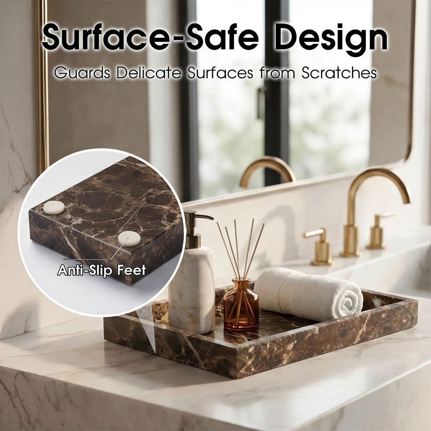AUSAULAC Natural Marble Tray Heavyweight Stone Vanity Tray for Bathroom Countertop, Coffee Table & Dresser - Handcrafted Rectangular Organizer (Coffee Brown, 12" x 8" x 1.2")