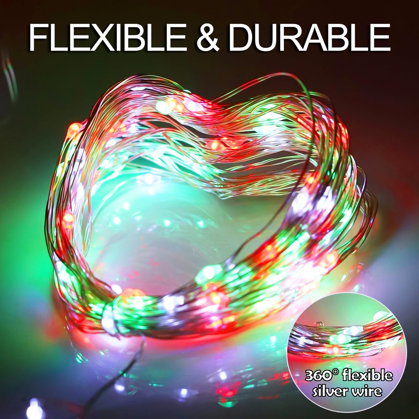 Solar Christmas Lights Outdoor Waterproof, Red White Green Fairy String Lights, IP67 2PACK Total 200LED 66FT with 8Modes, Outside Christmas Decorations Lights for Tree, Garden, Patio, Fence, Balcony