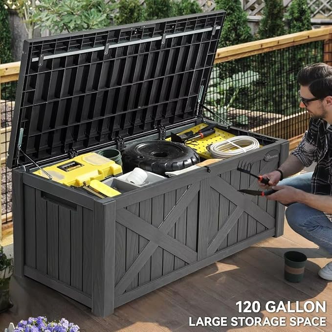 YITAHOME 150 Gallon Large Deck Box with X-Shaped Front, Resin Outdoor Storage Boxes, Waterproof Cushion Storage Bench for Patio, Pool Supplies, Garden Tools - Lockable, Dark Gray