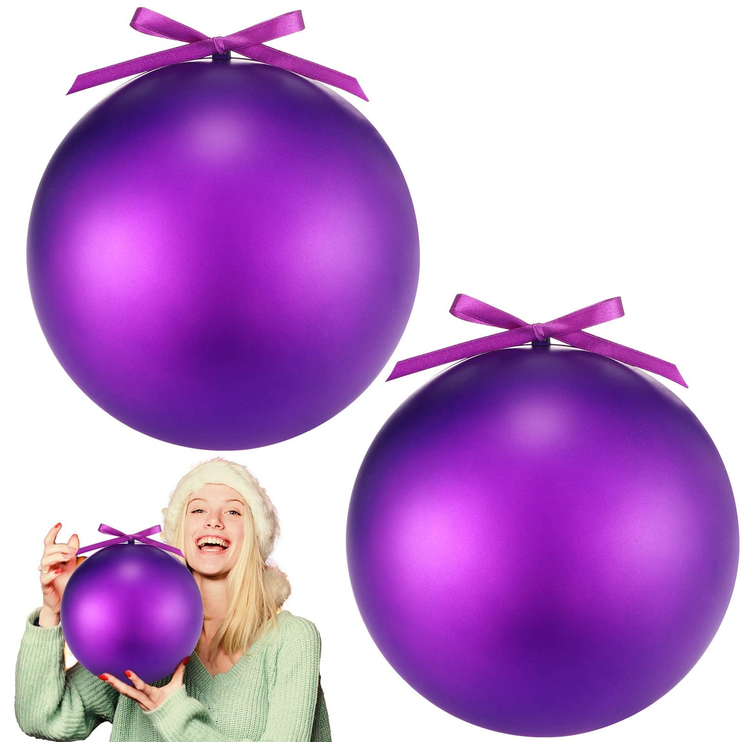 Zubebe 2 Pcs 8" Giant Fillable Christmas Ornaments with Ribbons Oversized Plastic Xmas Balls for Outdoor Lawn Yard Decor, Tree Hanging, Holiday Gifts(Matte Purple)