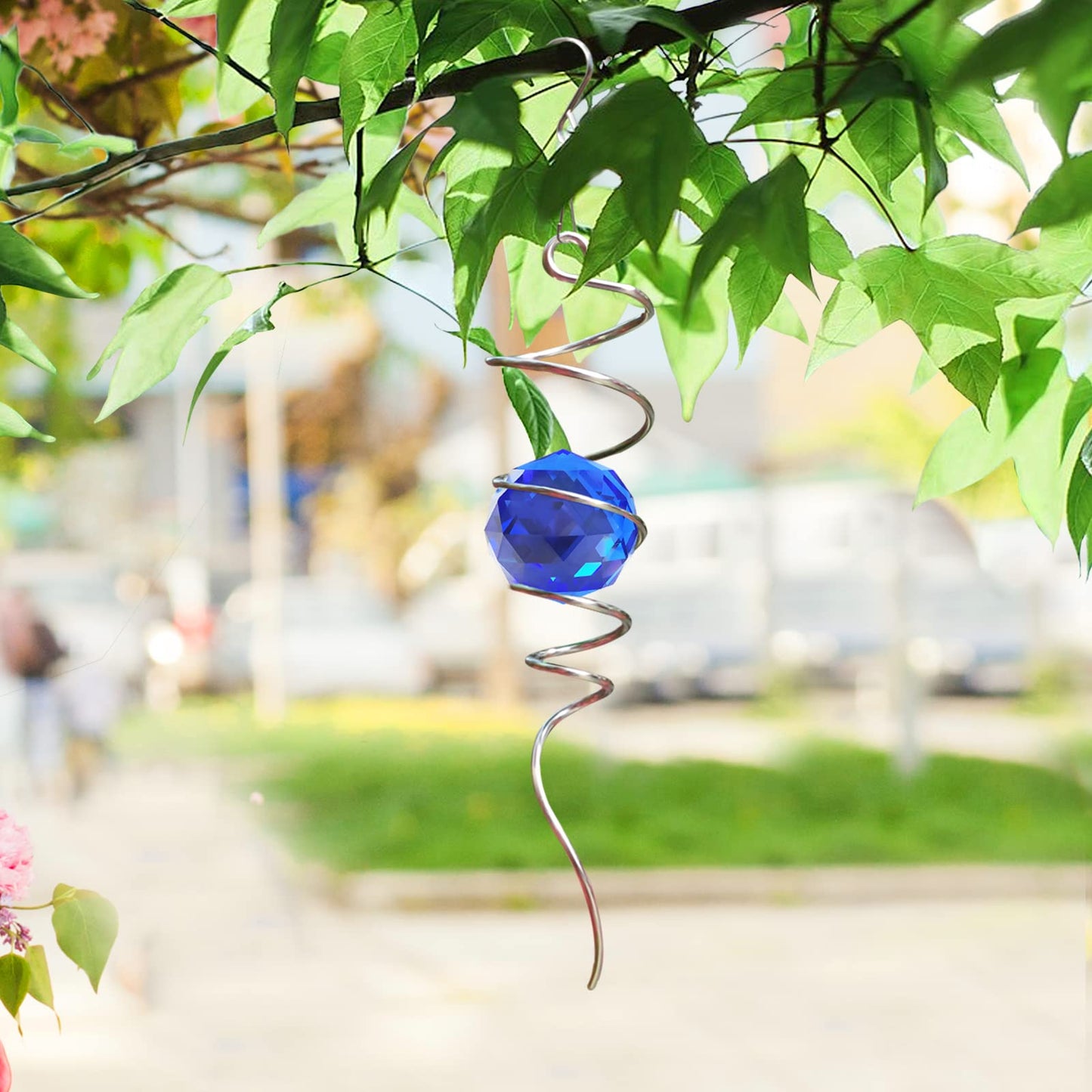 FONMY Gazing Ball Spiral Tail -Decorative Wind Spinner Sun Catcher Rainbow Maker 11 inch Tail and 2 inch Dark Blue Crystal Orb. Indoor Outdoor Garden Decoration -13 inch Height