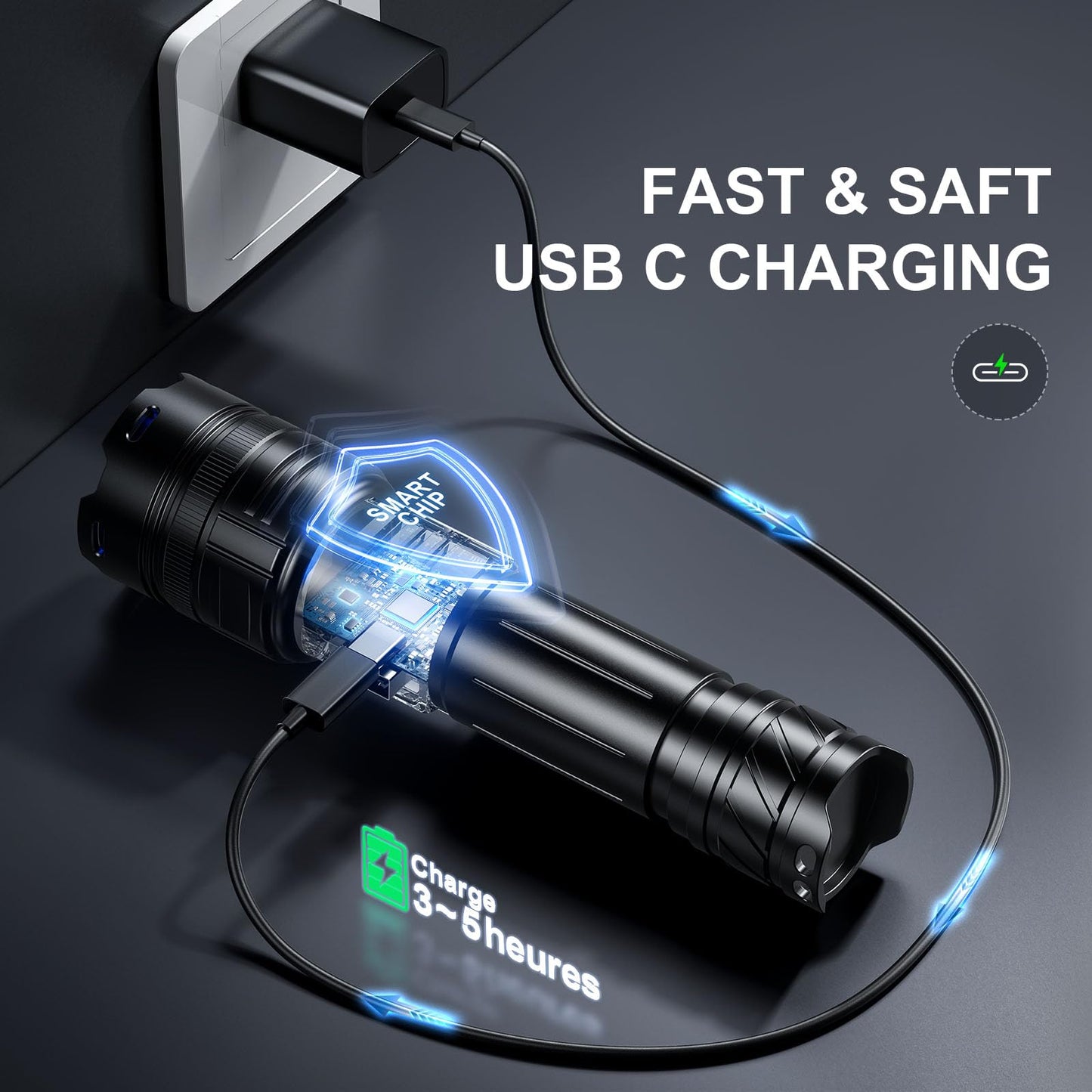 PHIXTON Rechargeable Torch LED Super Bright 1000000 Lumens Single One Mode, Long Distance 1000 Meters Powerful Flashlight Zoomable, Long Lasting 10H Strong Touch, USB C Input Output & Digital Display
