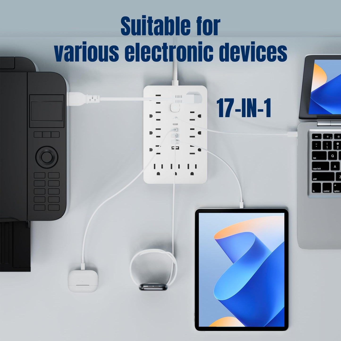 6 FT Flat Plug Surge Protector Power Strip,11 Multiple AC Outlets with 6 USB Ports (2 USB C), 6 Feet Extension Cord, 1250W/10A, One Touch Switch Button, 17 in 1 Compact powerstrip