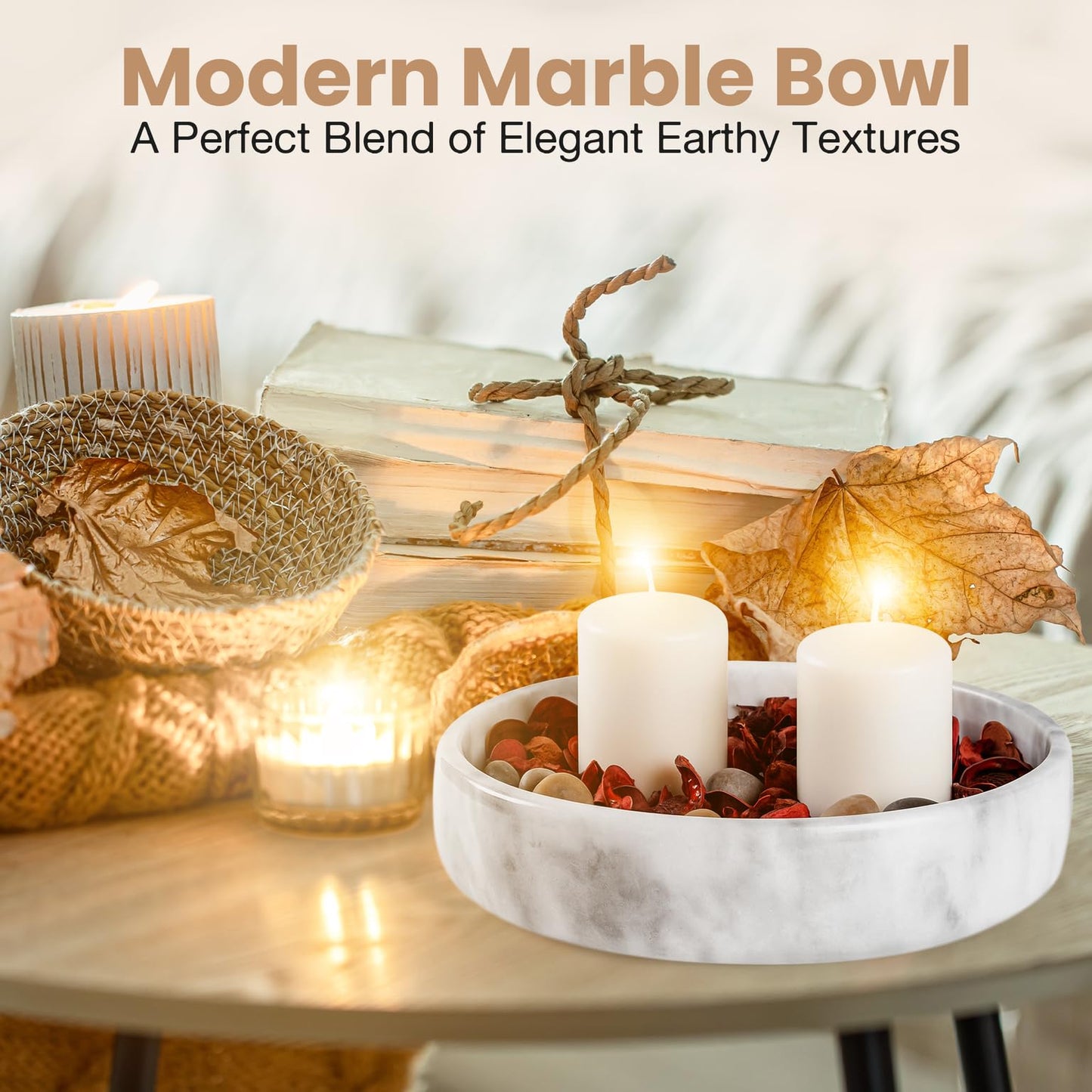 FNTSTICGOODS Marble Decorative Bowl - 7.5" White/Grey Solid Marble Centerpiece - Handmade Stone Fruit Bowl - Catch-All or Key Bowl for Kitchen - Modern Minimalist Decor