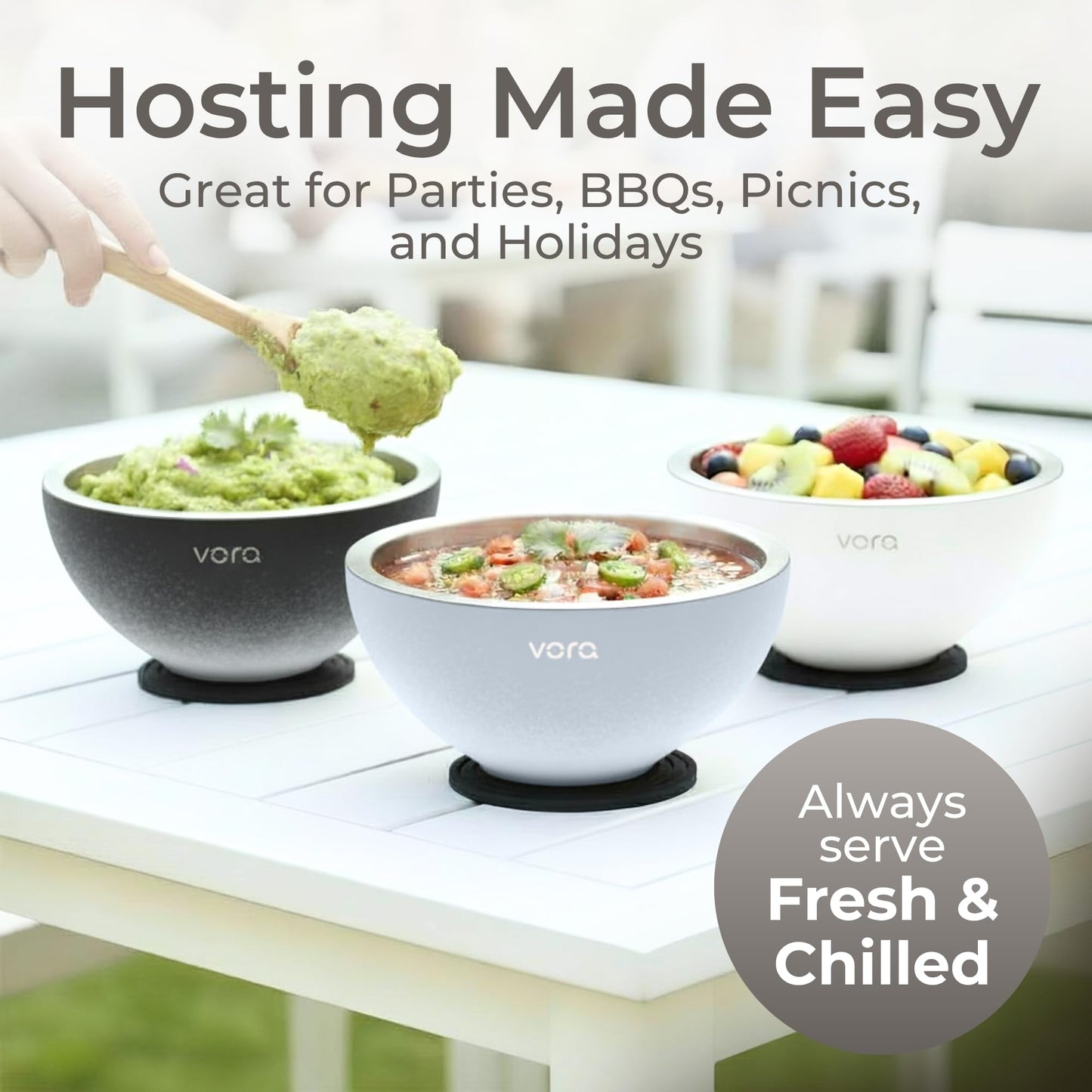 Vora 18oz Dip Chiller Bowl | Iced Grey Stainless Steel Chilled Dip Bowl for Dips, Guacamole, Hummus, Salsa | Insulated Serving Dishes with Easiest Water Fill & Refillable Chamber