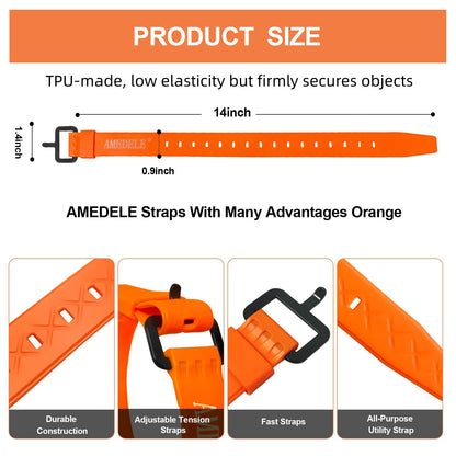 AMEDELE 4 Pack Lashing Straps with Buckles,Adjustable Utility Tension Straps,Simple Tie-Downs Straps for Securing Bike Moto Luggage,Garden Hoses,Skis,Wires and Cables,Orange,14"