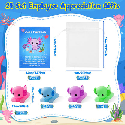 Soulchen 24 Set Employee Appreciation Gift Bulk for Coworker Axolotl Squeeze Gifts for Stress Relief Motivational Inspirational Note Card, Organza Bag Staff Valentine's Day Thank You Gift