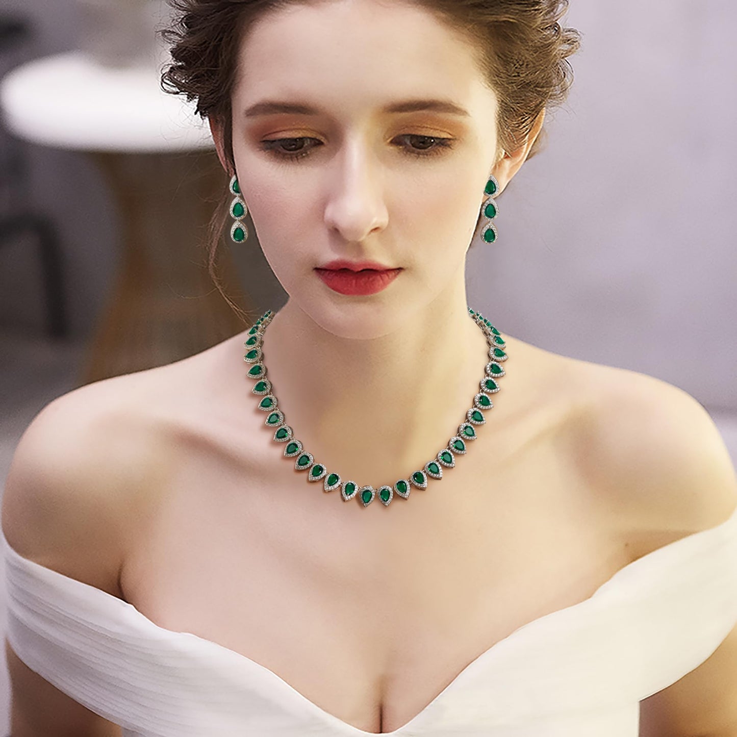 EleQueen Women's Wedding Bridal Full Prong Cubic Zirconia Teardrop Necklace Earrings Set for Brides Bridesmaids Emerald Color