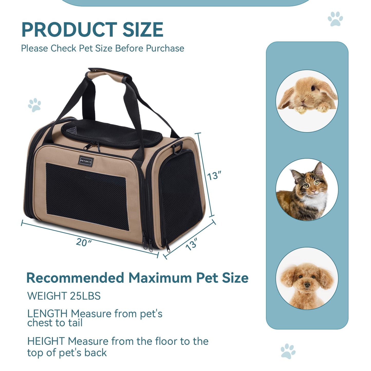 PETSFIT Dog Carrier Cat Carriers for Puppies, Medium Cats up to 25Lbs, Travel Soft Sided Pet Carrier (Large, Khaki)
