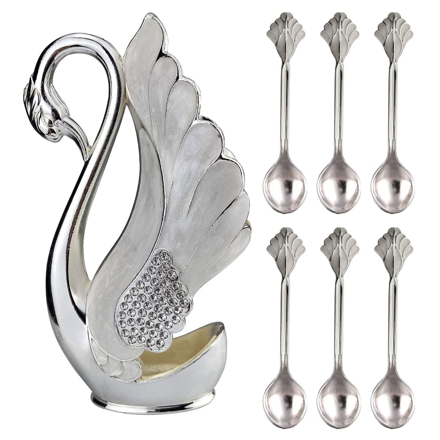 Swan Base Holder with 6pcs Coffee Dessert Dinner Spoon Set, Metal Coffee Spoon Organizer Teaspoon Fruit Dessert Flatware Sugar Ice Cream Spoons (Silver)