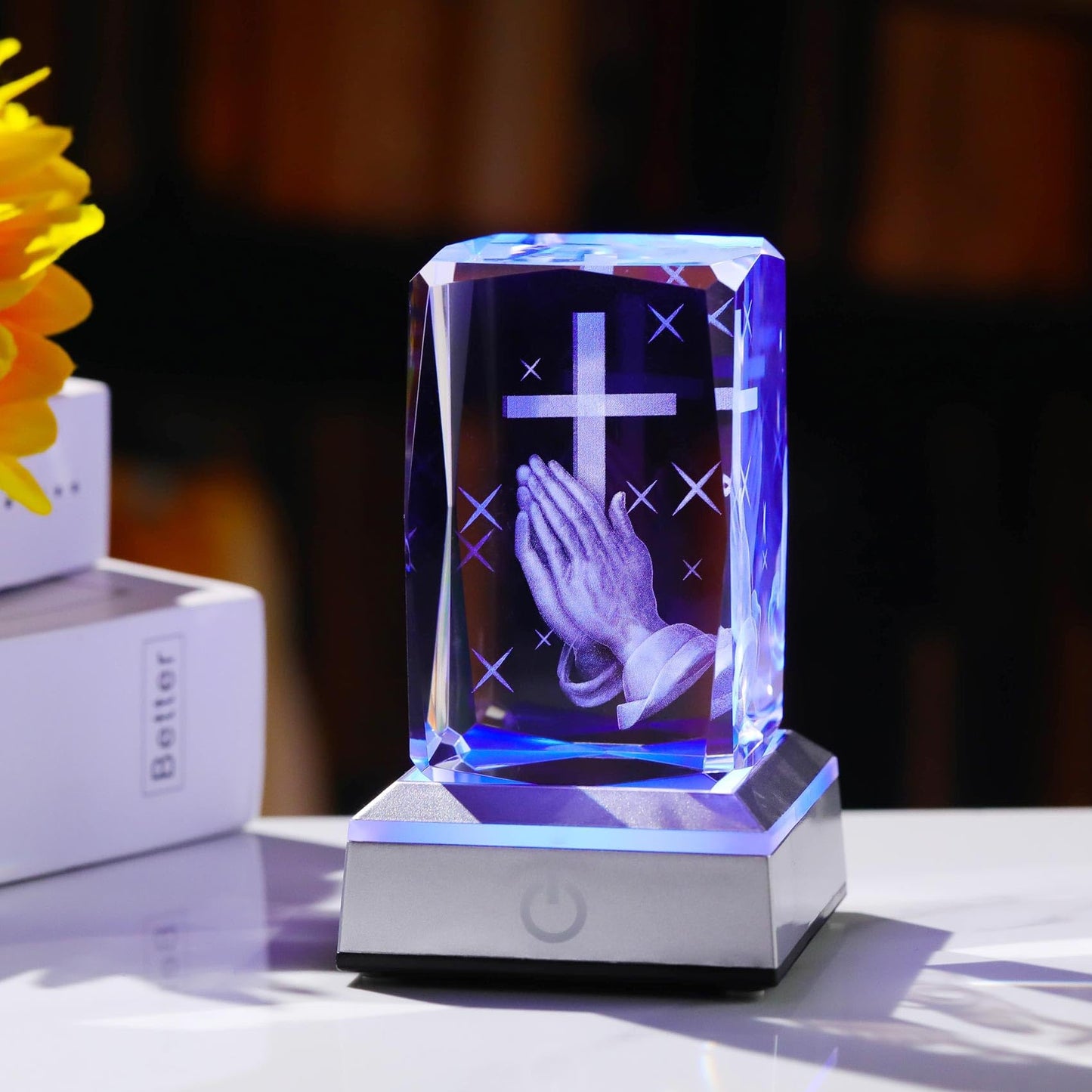 YWHL 3D Crystal Cross Figurine with Colorful Light Base, Laser Engrave Praying Hands Religious Gifts for Women Man, Christian Gifts for Friend
