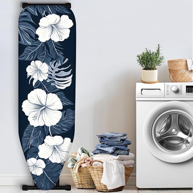 Nuxovilar White Hibiscus & Blue Leaf Ironing Board Cover, 15 * 54inch, Fits