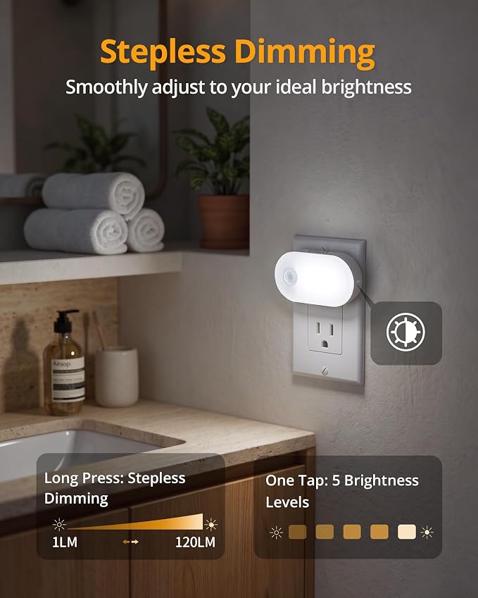 Lyridz 120LM Ultra Bright Plug-in Motion Sensor Night Light, Stepless Dimmable LED Nightlight, Always-On and Auto-Off, for Hallway, Stairs, Bathroom, Bedroom, Garage, Cool White (4-Pack)