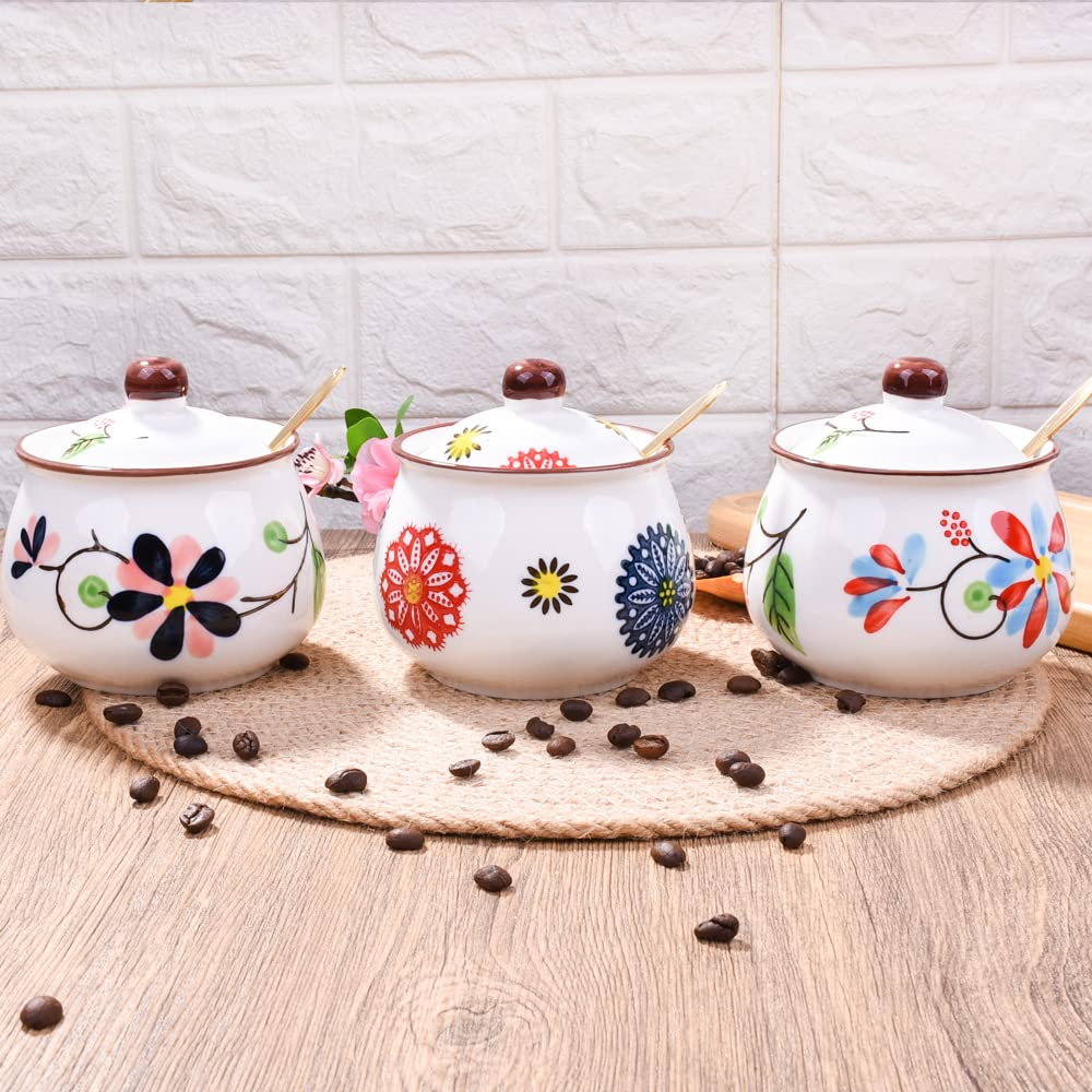 Whitenesser Ceramic Sugar Bowls with Spoons, Salt Jar Seasoning Container with Lid for Home and Kitchen (XYH)