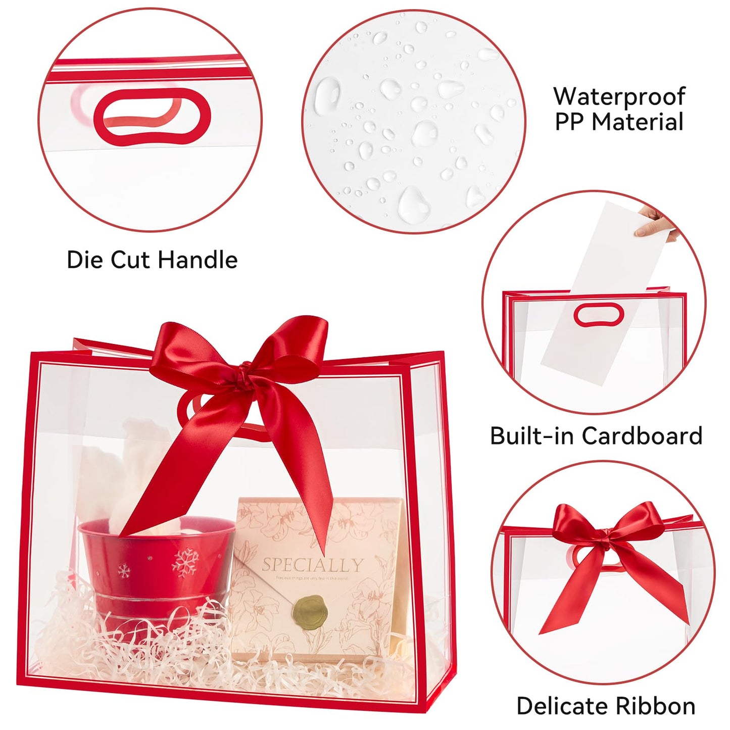 Ohuimrt Clear Plastic Gift Bags with Handles, 12 Pack, Red