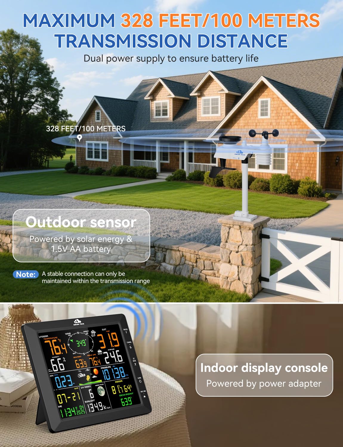 AIRAIN TECH 14-in-1 Wireless Weather Station with Dual Display, Outdoor Sensor, Atomic Clock, Rain Gauge，Wind Speed, Indoor Temp/Humidity, Barometric Pressure,etc (No WiFi)