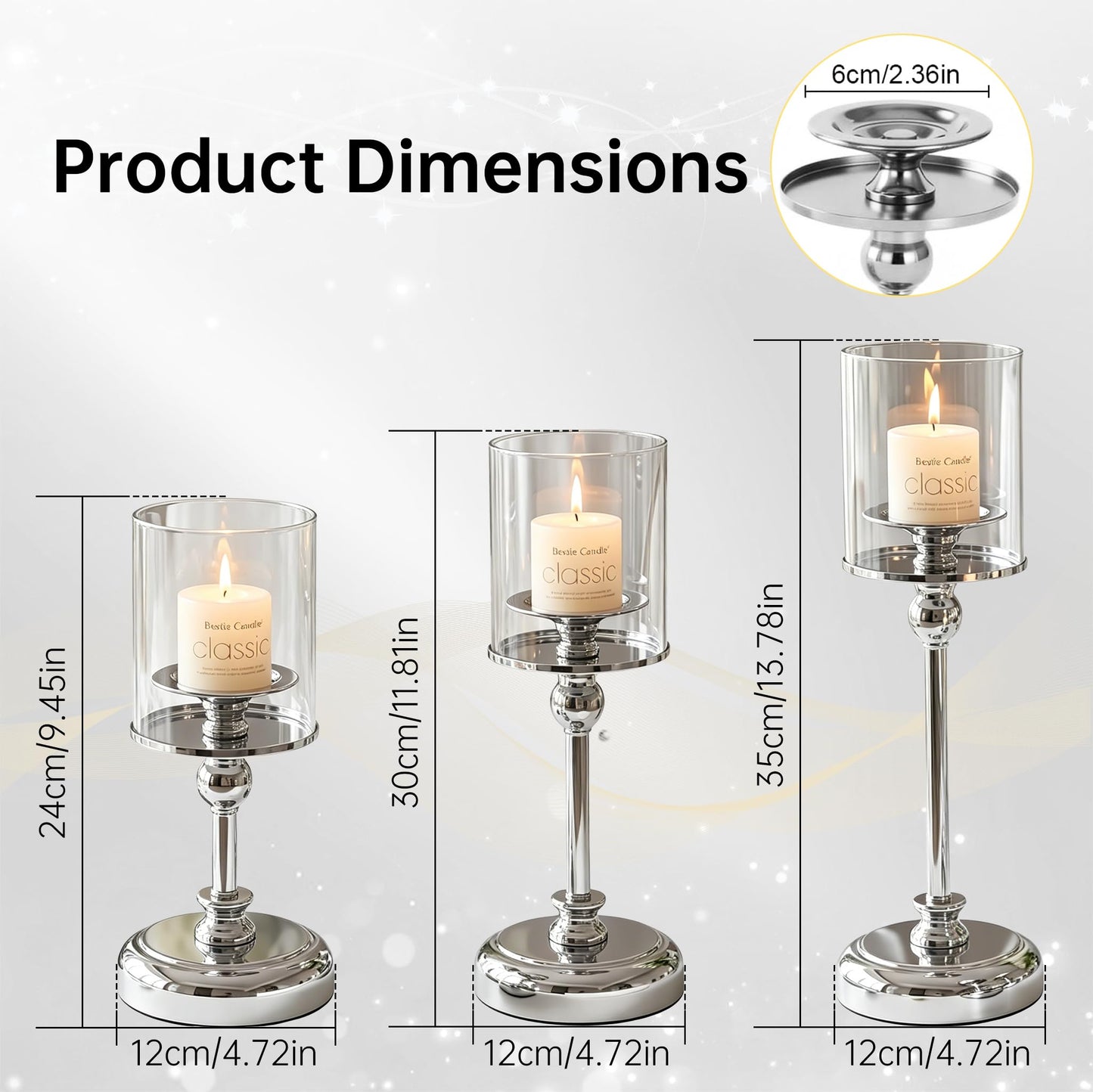 Oakernel Sliver Hurricane Candle Holders - Set of 3 Tall Candlestick Holders Windproof Taper Candle Holders, Metal Stand for Table Centerpiece Outdoor Indoor Wedding Party Holiday Decor