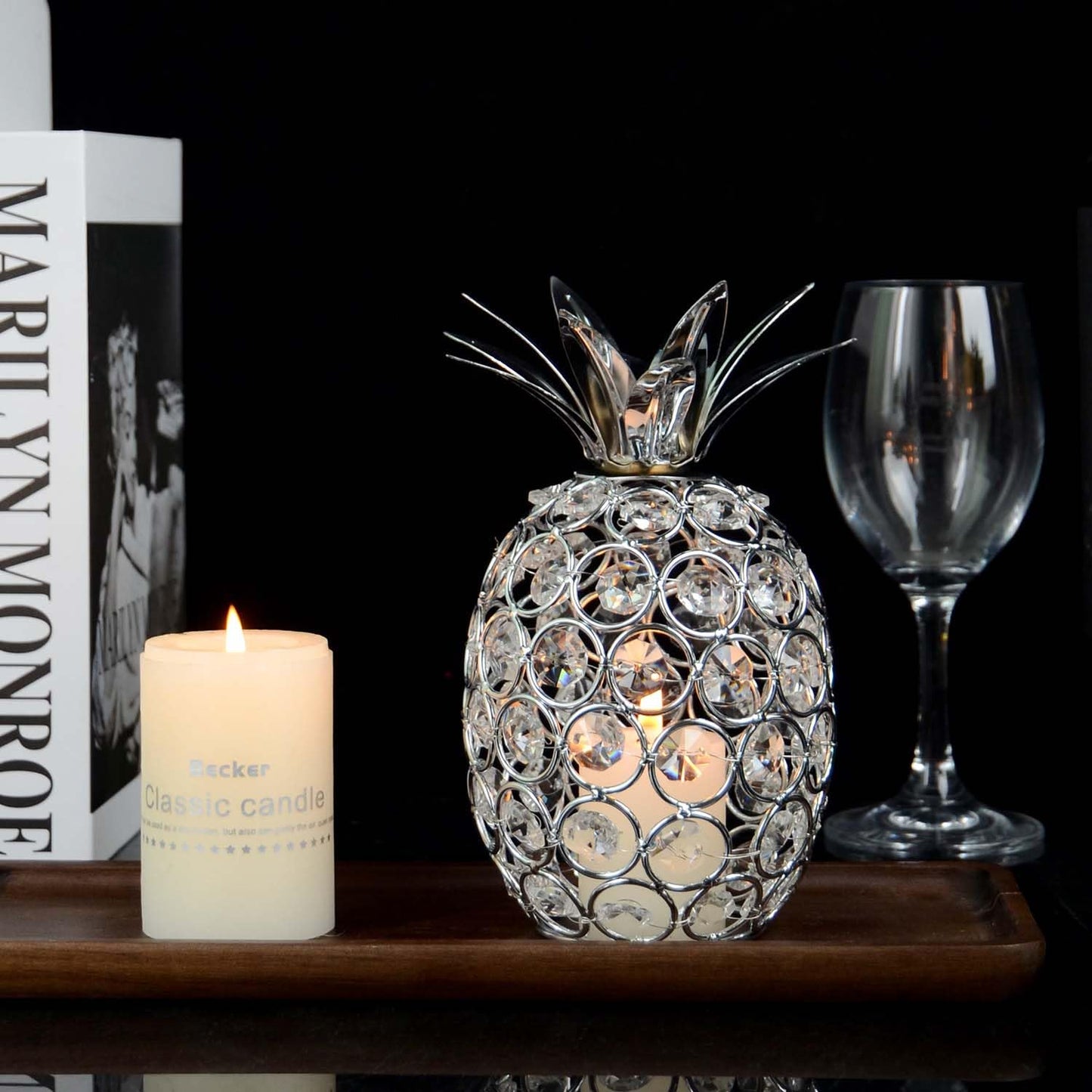 kehail Set of 3 Crystal Metal Pineapple Pear Table Centerpiece Handmade Crystal Candlestick Hollow Fruit Ornament Home Party Wedding Holiday Bar Decoration (Silver, Set of 3)