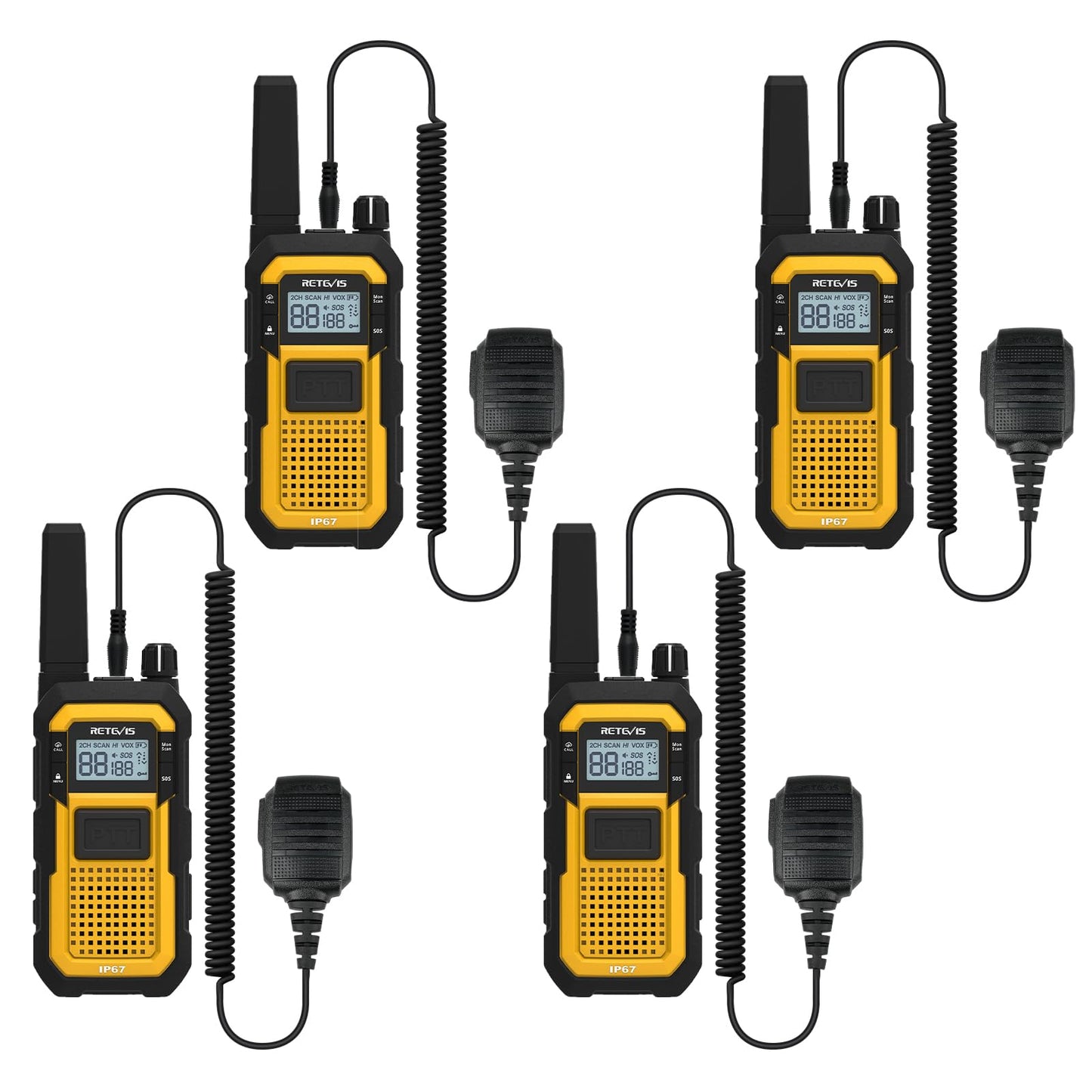 Retevis RB48 Heavy Duty Walkie Talkies, Waterproof Two Way Radio, Advanced Triple Proof, 2000 mAh, Emergency, 2 Way Radio Long Range for Job Site (4 Pack) Yellow