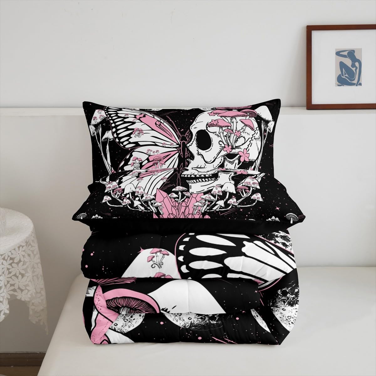 Skull Skull Bedding Set Full Size Pink Butterfly Mushroom Comforter Set Starry Galaxy Moon Quilted Duvet 3pcs for Kids Teens Girls Boys Bedroom Decor Wild Animals Plants Bedspread,2 Pillowcases