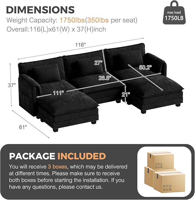 ELUCHANG Oversized 116" Modular Sectional Sofa, Comfy Cloud Couch, U Shaped