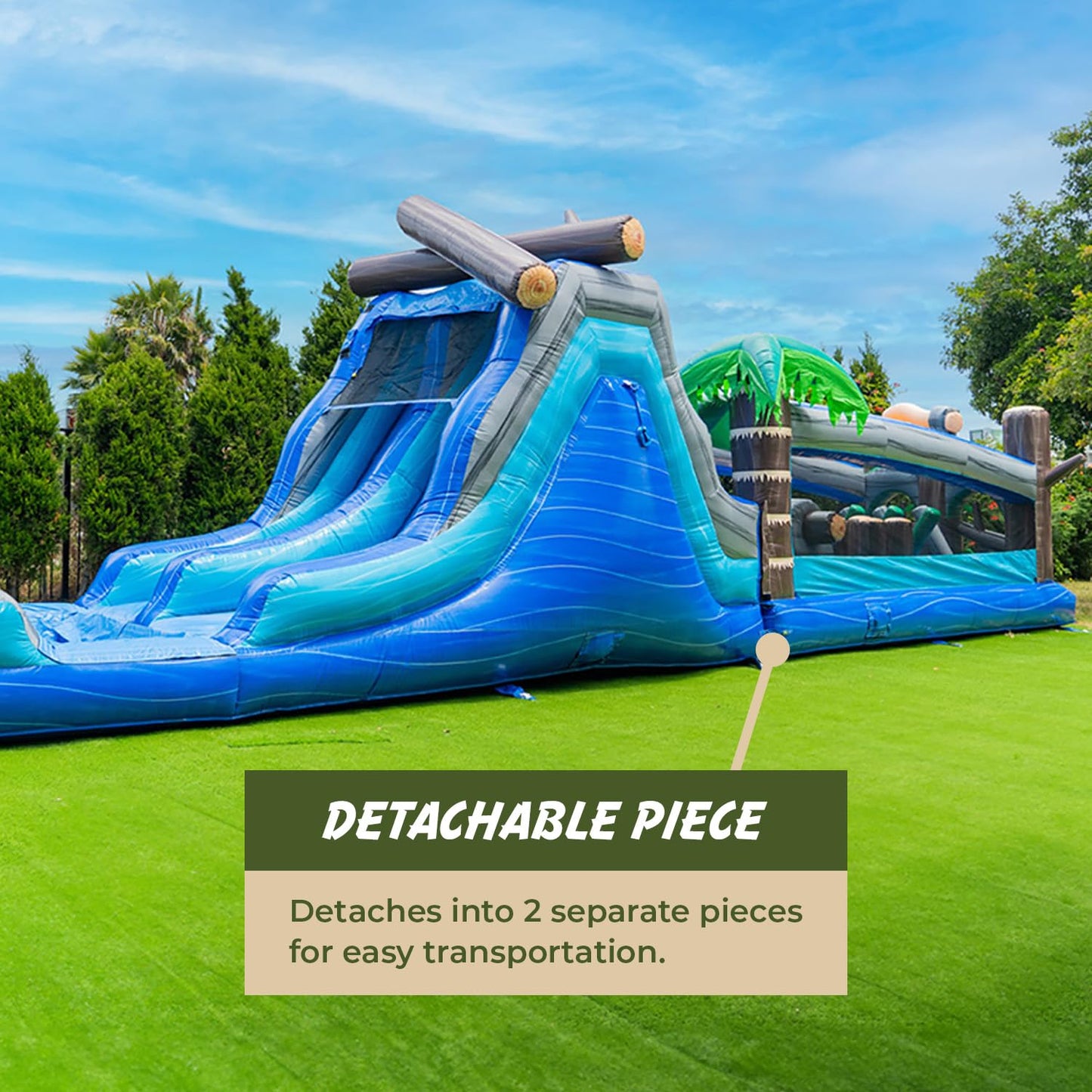 XJUMP 9’x 45’ x 13’ Tropical Long Inflatable Obstacle Course with Dual Lane Water Slide, Heavy Duty 15 PVC Vinyl, Wet/Dry Fun for Kids and Adults, with Large Mesh Windows for Easy Supervision
