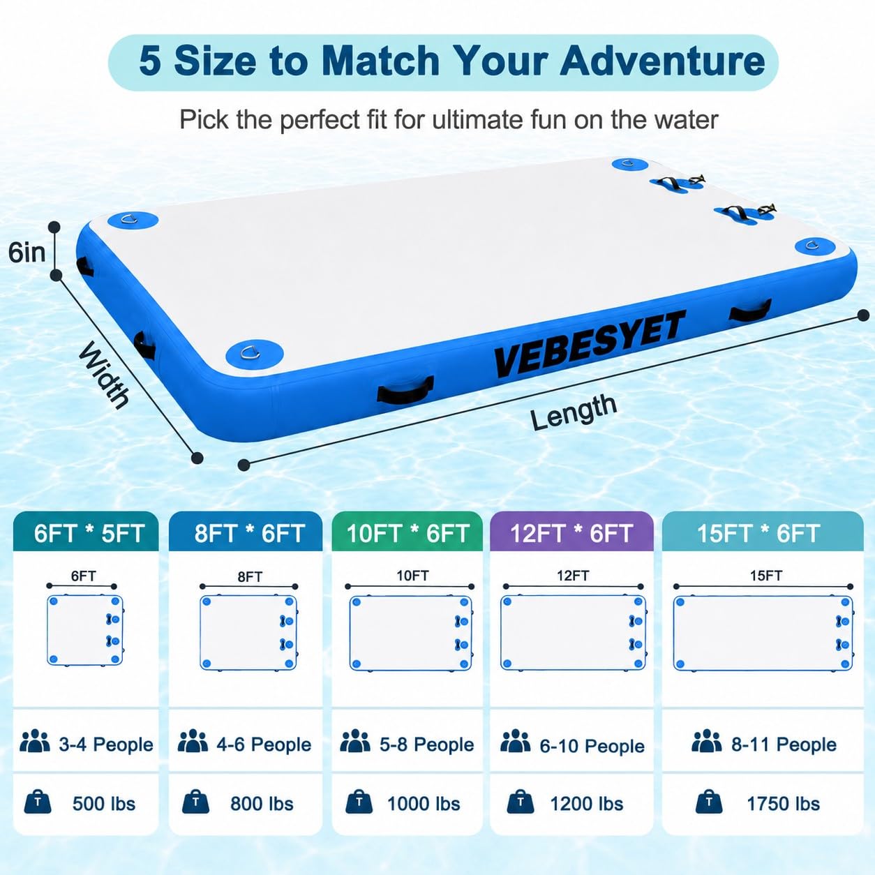 VEBESYET Inflatable Floating Dock with Soft Ladder, 6 inch Thick Non-Slip Inflatable Dock Floating Platform, Durable Drop-Stitch Inflatable Dock for Lake, Ocean, Swimming & Fishing