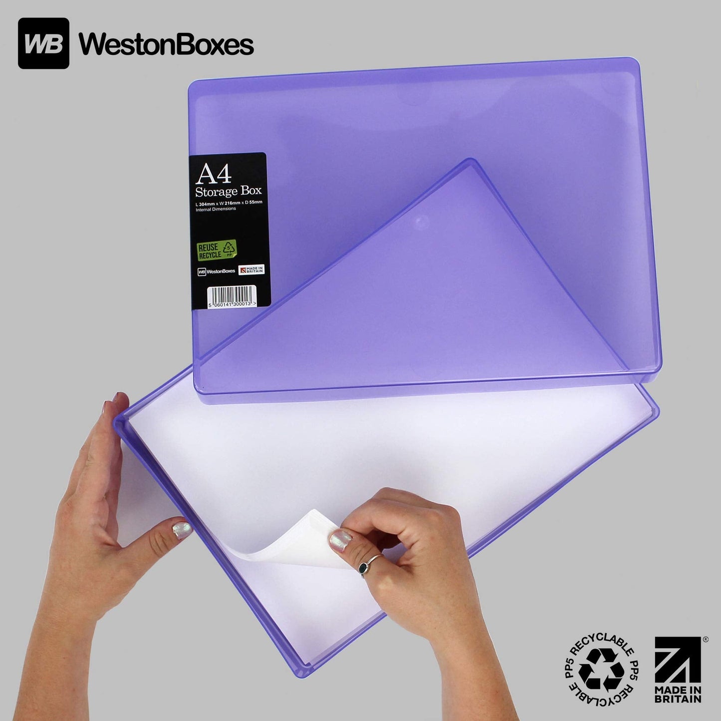 WestonBoxes A4 Colourful Transparent Plastic Craft Storage Boxes with Lids for Art Supplies, Paper and Card (Multicoloured/Transparent, Pack of 5)