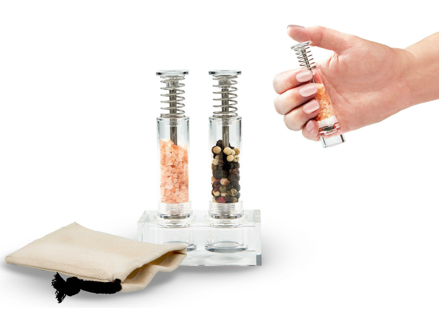 Travel Salt And Pepper Grinder Set, Grind Gourmet Original Pump & Grind Salt and Pepper Push It, Spice Grinder (Clear)