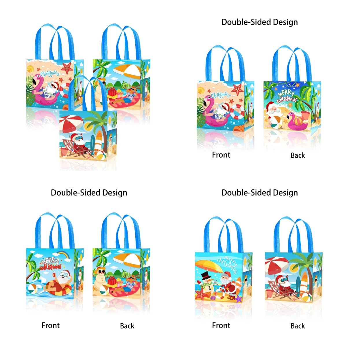 KYMY 6PCS Summer Christmas Party Favor Bags, Tropical Hawaiian Non-Woven Gift Totes with Handles, Beach Treat Bags with Santa & Flamingo for July Xmas Luau Holiday Party Decorations