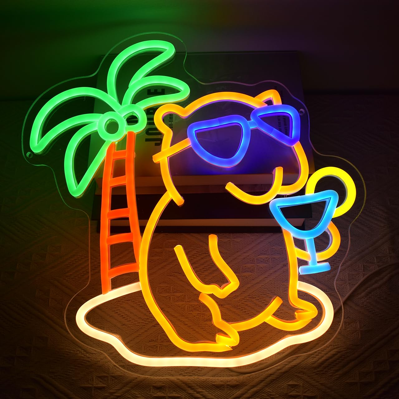GYCLFNDDONG Beach Capybara Neon Sign Cocktails Ber Neon Sign for Wall Decor, Dimmable LED Beer Light Sign with USB Power for Bedroom Pub Bar Shop Party Man Cave Gift Decor