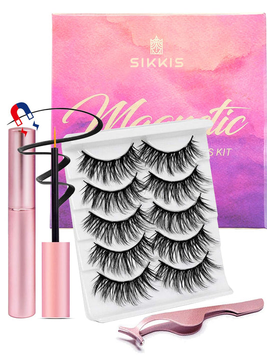 Sikkis Magnetic Eyelashes with Eyeliner - Magnetic Eyelashes Mink Look Kit, Mixed 3D Mink Reusable False Lashes with Applicator, No Glue Needed -5 Pairs