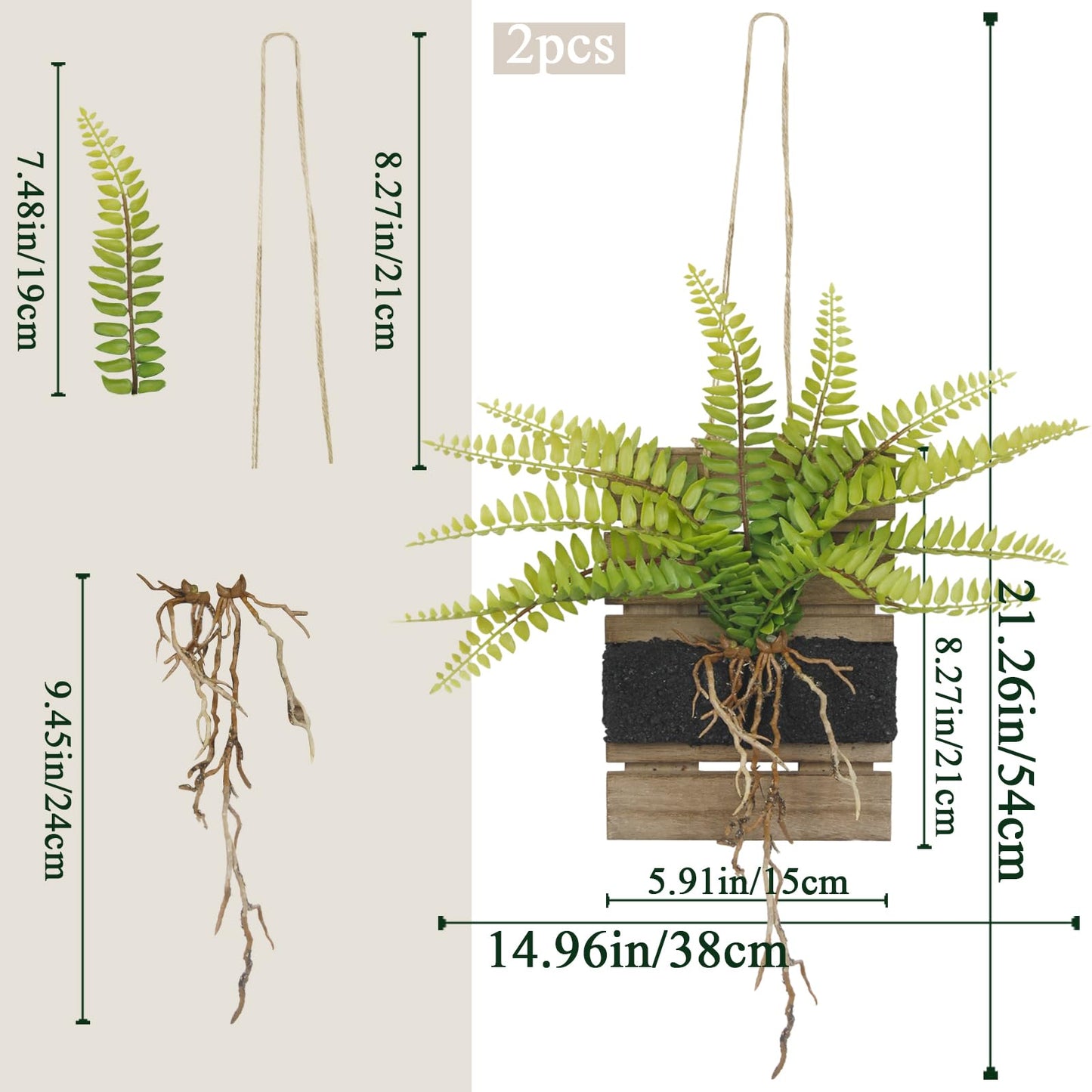 FAICOIA 2 Pcs Hanging Planter Vase Wall Decor with Artificial Plants Persian Fern Wooden Base Window Wall Planter Holder for Outdoor Indoor Hanging Plant Shelves for Home Decor Plant Holder Kitchen