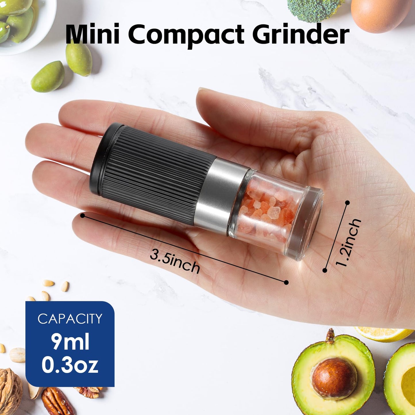 vzaahu Mini Salt and Pepper Grinder Set Black and White with Bag and Funnel, Small Travel Portable Spice Tools, Adjustable Coarseness, Refillable, Ceramic Burrs Seasoning Mills for Cooking, BBQ, RV