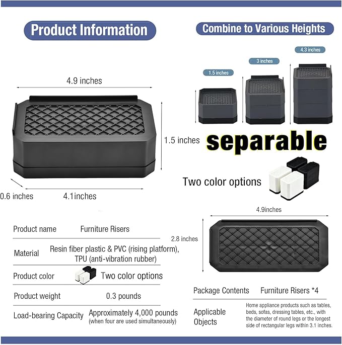 EclatBain Rectangle Bed Risers Furniture Risers Heavy-Duty Rectangular