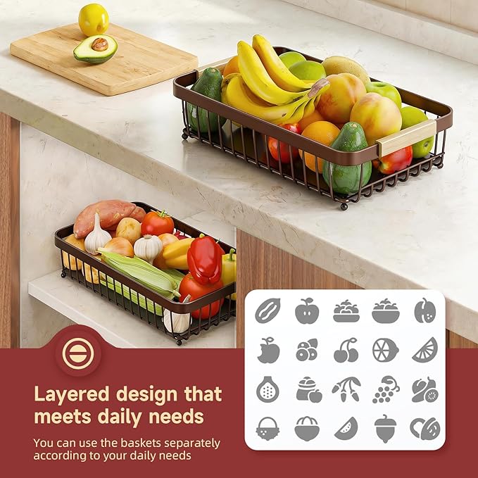 2 Tier Large Fruit Basket for Kitchen Counter