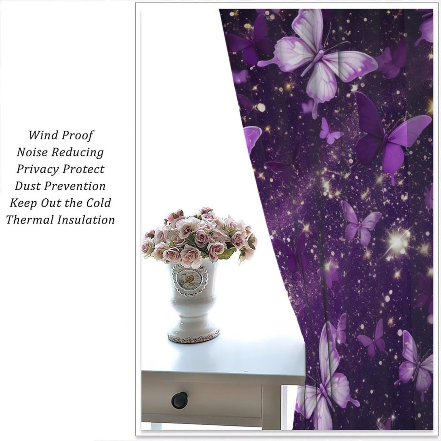 PHTAYOT Butterfly Curtains, Purple Dream Fantasy Starlight Butterfly Pattern for Kids Girls Room Decor, Print Drapes for Living Room Bedroom Kitchen 2 Panel Set 20.5" W X 45" L