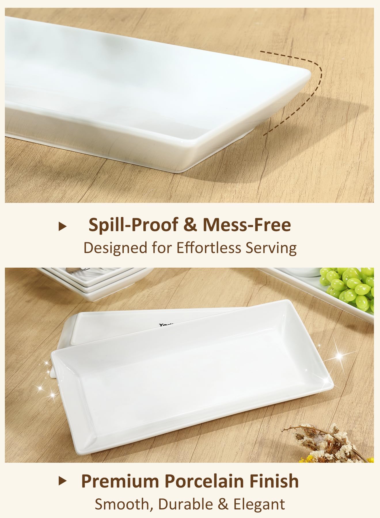 Yedio 14” White Porcelain Serving Platters, Elegant Large Rectangular Plates Trays for Dinner Parties, Appetizers, Sushi, Desserts & More, Microwave & Dishwasher Safe, Set of 4