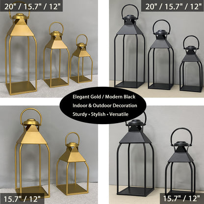 Decorative Metal Lanterns Indoor Outdoor, Candle Holder for Porch, Patio, Fireplace, Floor, Wedding, Christmas, Fall, Holiday, Farmhouse Table Centerpiece (Black, Set of 3 20" 15.7" 12")