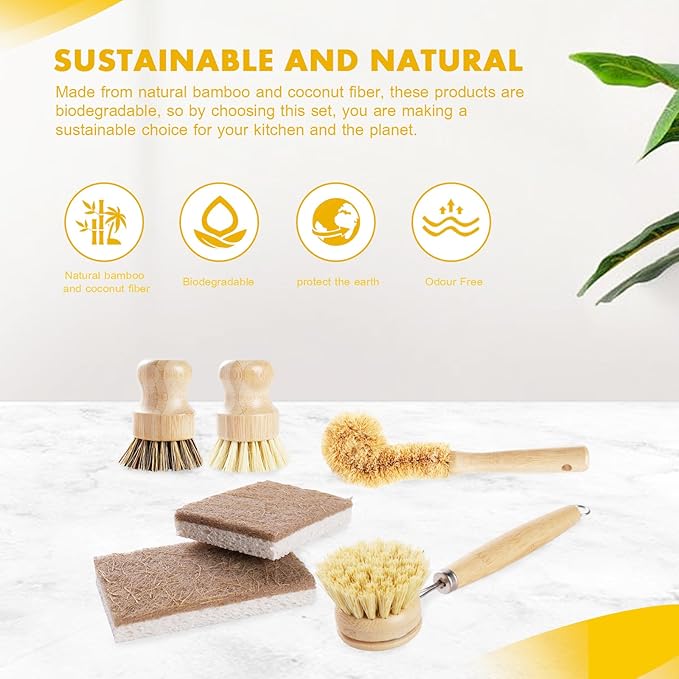 6 Piece Bamboo Dish Brush Set