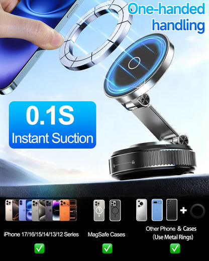 Vacuum Magnetic Car Phone Holder 360° Strongest 120LBS Ultra Suction Cup Phone Mount for MagSafe Dashboard Cell Phone Holders for Your Car/Gym/Mirror Bracket for iPhone 17 & Android, Metal Stand Rotor