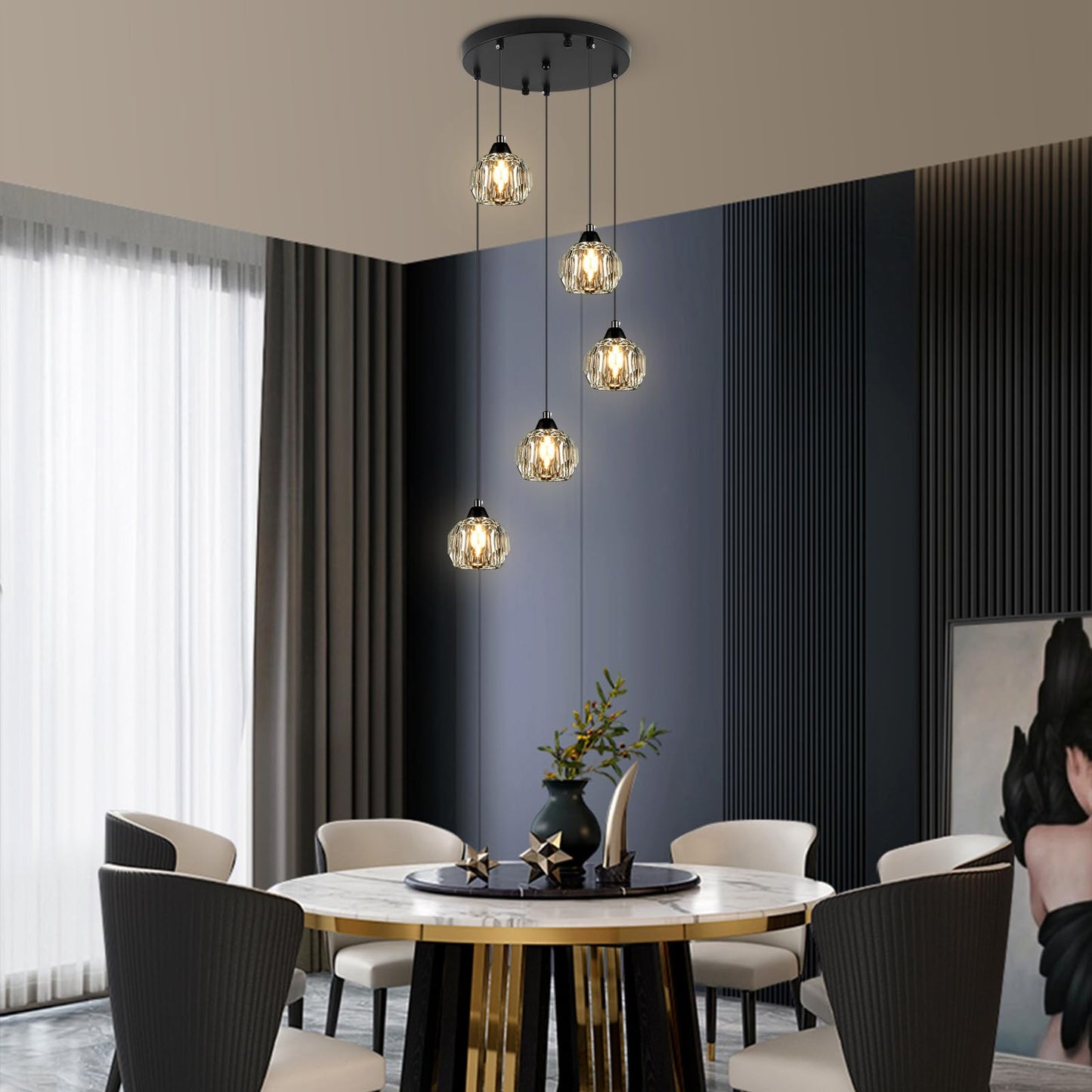 Weesalife Crystal Chandeliers for Dining Room Lights Fixture Over Table, 5-Light Black Modern Pendant Light Fixture，Crystal Chandeliers for Living Room Kitchen Island Staircases Foyer Hallway Bar
