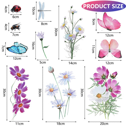 Zonon 64 Pcs Flowers and Butterflies Wall Decals, Wildflower Butterfly Dragonflies Decals for Wall, Removable PVC Garden Peel and Stick Walls Stickers Murals for Nursery Bedroom Office Decor(Red)