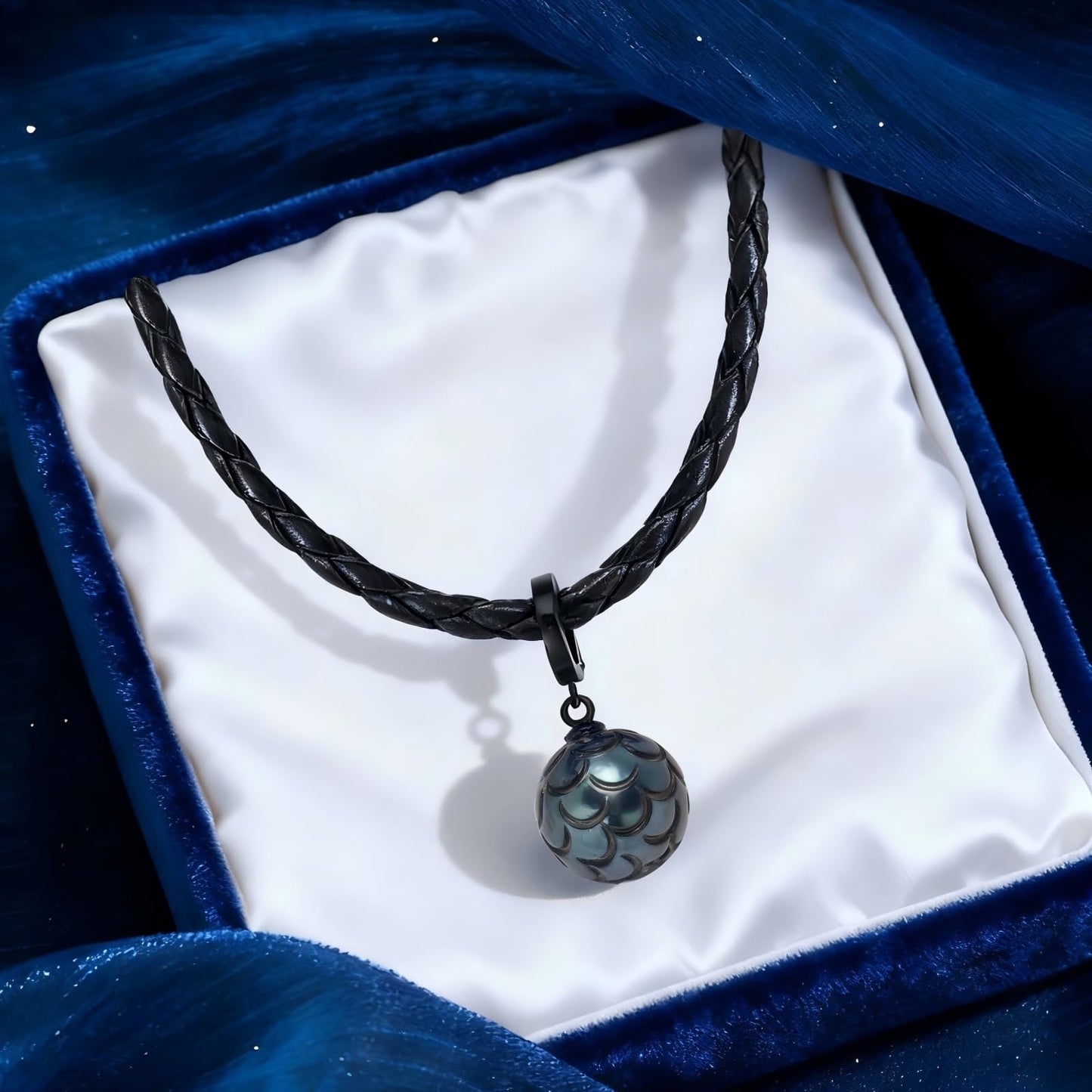 Genuine Tahitian Black Pearl Necklace - 11-12mm Hand-carved Seawater Pearl, Wedding Anniversary Birthday Christmas Gift for Wife Mom Women Daughter Sister, Unique Jewelry Gifts, Leather Chain 19.5"
