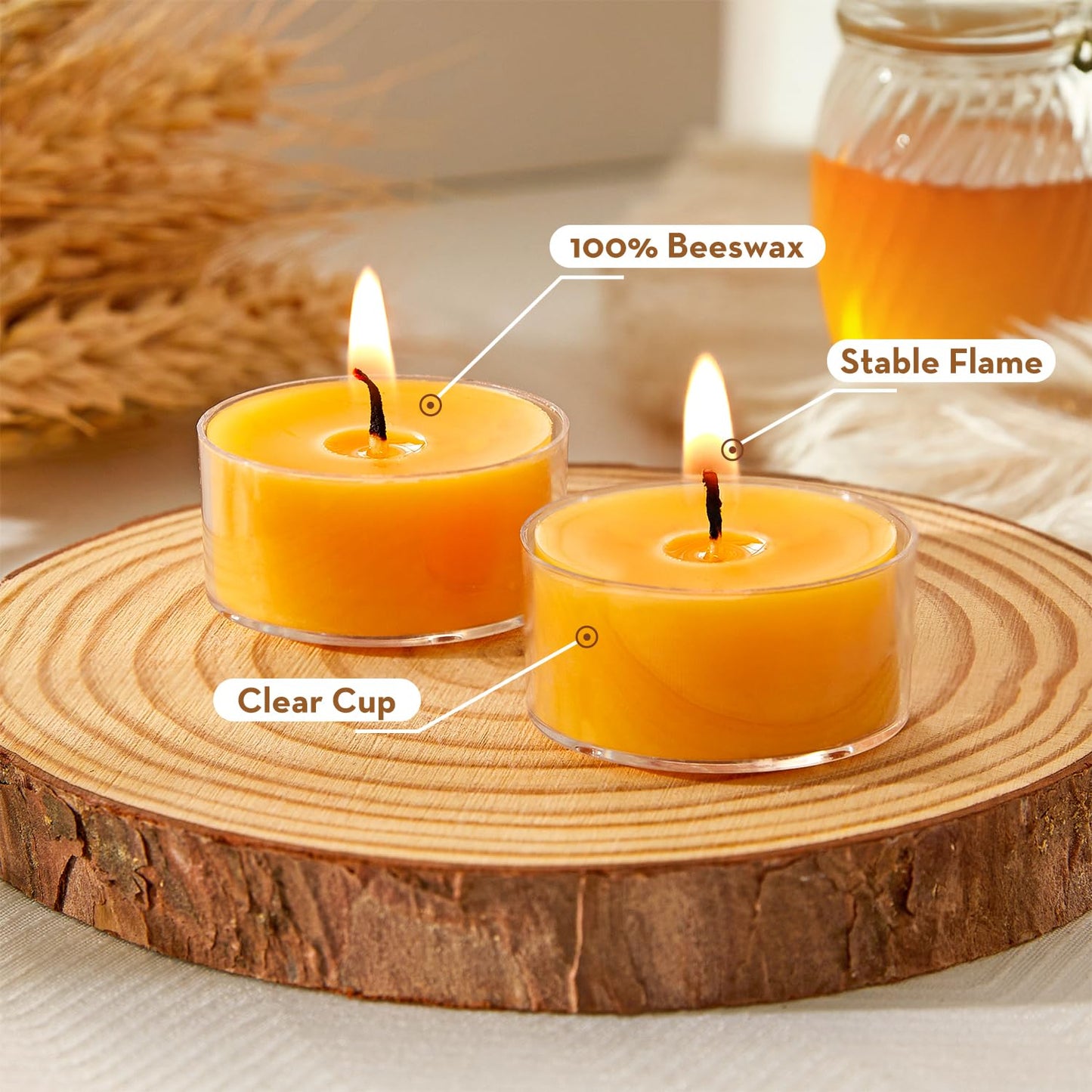 Ashlux Unscented Beeswax Tea Lights Candles 20 Pack, 4 Hours Long Burning Handmade Yellow Tealight Candles, Clear Acrylic Cup Smokeless Candles for Wedding, Christmas, Centerpiece & Home Decor