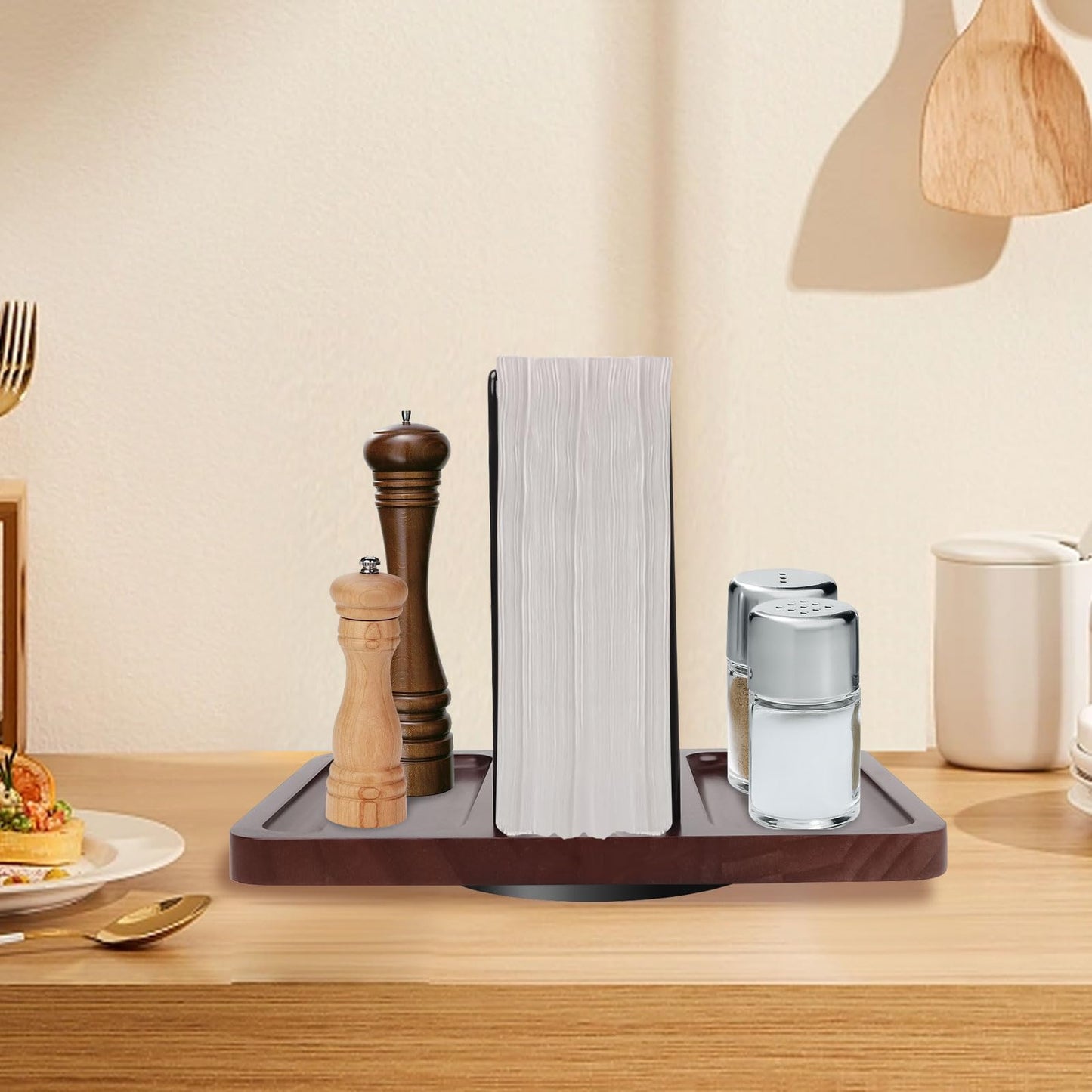 2 in 1 Napkin Holder for Table, Rotating Metal Napkin Dispenser with Salt and Pepper Shakers Caddy Standing Paper Towel Holder for Kitchen Dinner Table and Picnic Decors,Not Including Shakers