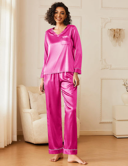 Ekouaer Silk Pajama for Women Long Sleeve Satin Pj Set Two Piece Soft Sleepwear Loungewear S-XXL
