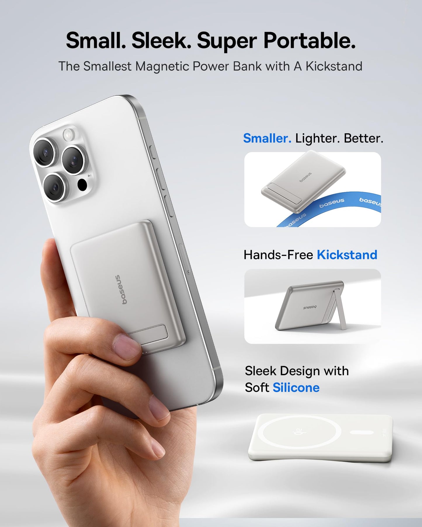 Baseus Picogo Power Bank, Smallest 5000mAh Magnetic Portable Charger with Stand, Qi2 Certified 15W Ultra-Mini MagSafe Battery Pack, Alloy Wireless Travel Fast Charger for iPhone 17/16 Series(Grey)